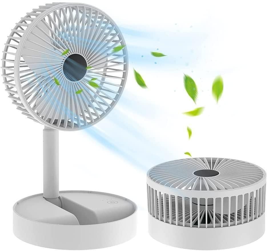 Portable fan with a white base and gray top on a white background